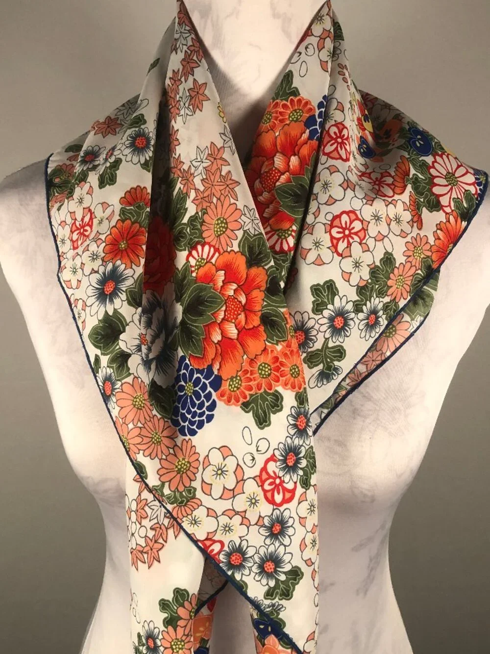 Japanese Inspired Floral Square Scarf Ivory Orange Blue Green 34